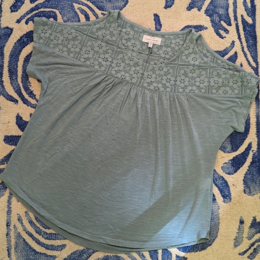 NWT Lucky Brand Sage Green Embroidered Cold Shoulder Top